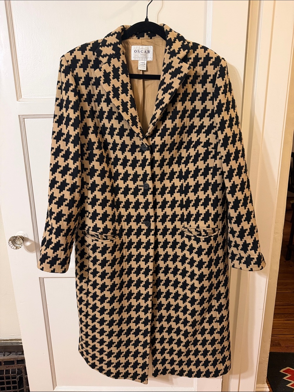 Oscar de la Renta Black and Tan Houndstooth Long Pea Coat